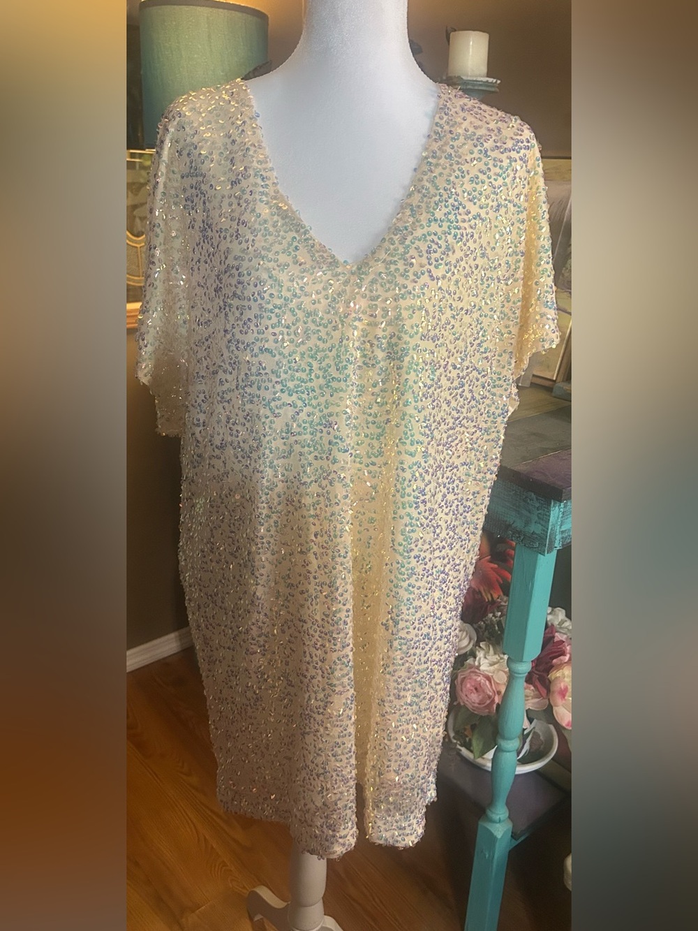 By Together Iridescent Sequin Shift Dress Medium Cream Party Dress